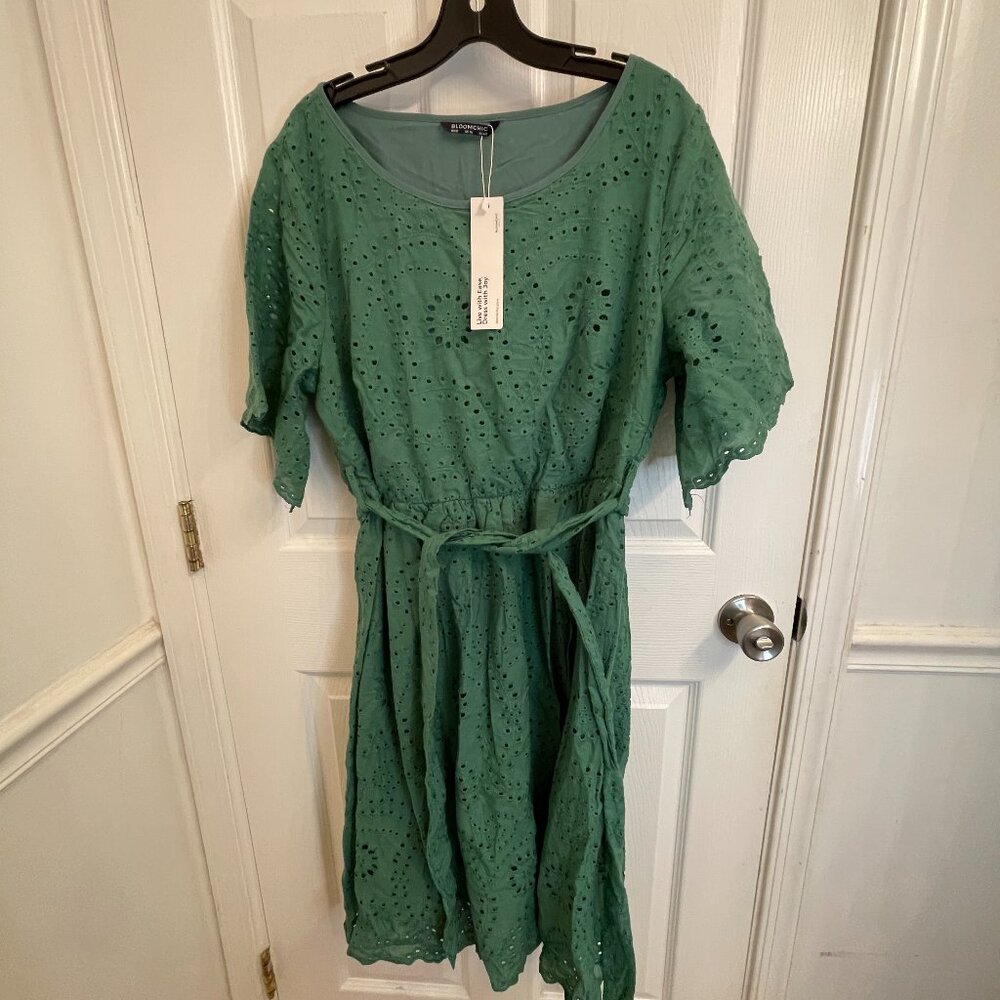 Bloomchic Cotton Lined Green Eyelet Short Sleeve Belted Pocket Dress NWT size 10